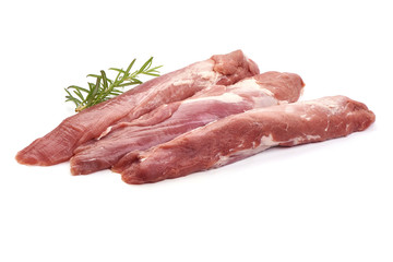 Fresh tenderloin with rosemary, raw meat, close-up, isolated on white background