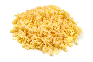 Grated cheddar cheese, close-up, isolated on white background