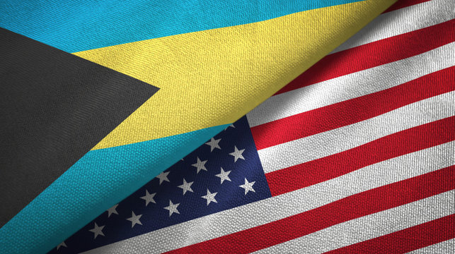 Bahamas and United States two flags textile cloth, fabric texture