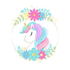 Cute magic cartoon unicorn head with frame of flowers. Illustration for children - 268603901