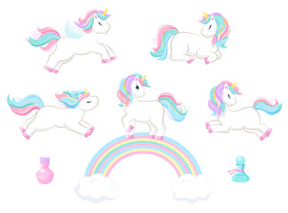 Set of cute magic cartoon unicorn. Illustration for children