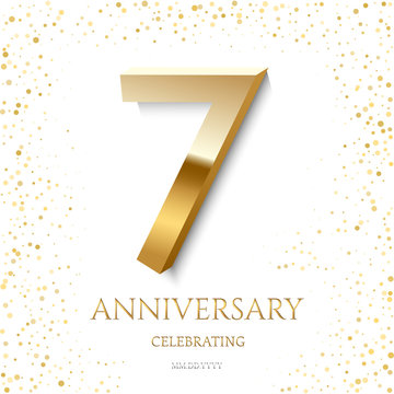 Golden 7th Anniversary Celebrating text and confetti on white background. Vector celebration 7 anniversary event template.