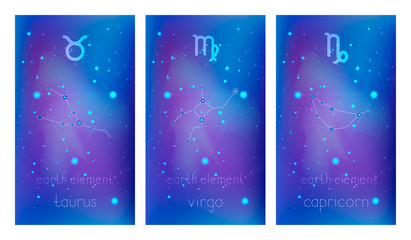 Set of three banners with Signs of the Zodiac, astrological constellations and geometric symbol against abstract background with stars. Collection of the Earth elements: taurus, virgo, capricorn. 