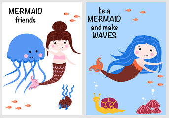 cute cards with mermaids part 3 - vector illustration, eps