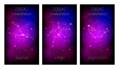 Fototapeta na wymiar Set of three banners with Signs of the Zodiac, astrological constellations and abstract geometric symbol against the starry sky. Collection of the Earth elements: taurus, virgo, capricorn. Vector.