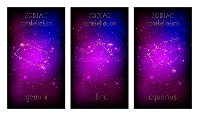 Fototapeta na wymiar Set of three banners with Signs of the Zodiac, astrological constellations and abstract geometric symbol against the starry sky. Collection of the Air elements: gemini, libra, aquarius. Vector.