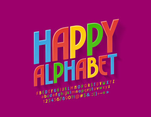 Vector Happy Alphabet. Bright flat Font. Colorful Letters, Numbers and Symbols set 