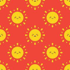 Cute smiling cartoon style sun characters vector seamless pattern background for summer, vacation design.