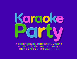 Vector colorful poster Karaoke Party. Set of Alphabet Letters, Numbers and Symbols. Bright trendy Font