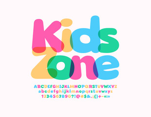 Vector colorful emblem Kids Zone with transparent playful Font. Bright Alphabet Letters, Numbers and Symbols