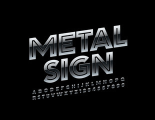 Vector Metal Sign. Reflective Uppercase Font. Chrome Alphabet Letters and Numbers set