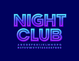 Vector glossy sign Night Club. Blue reflective Font. Modern Uppercase Alphabet Letters and Numbers