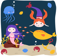 Fototapeta na wymiar poster with mermaids jellyfish and swordfish - vector illustration, eps