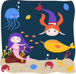 poster with mermaids jellyfish and swordfish - vector illustration, eps