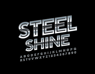Vector metallic Uppercase Alphabet Letters and Numbers. Steel Shine Font 