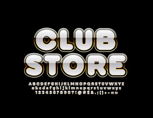 Vector glamour banner Club Store. Shiny chic modern Alphabet Letters, Numbers and Symbols. Elite glossy Font