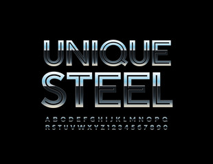 Vector Unique Steel Uppercase Font. Reflective metallic Alphabet Letters and Numbers 