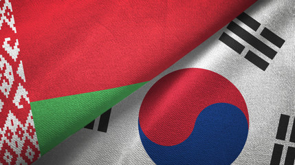 Belarus and South Korea two flags textile cloth, fabric texture