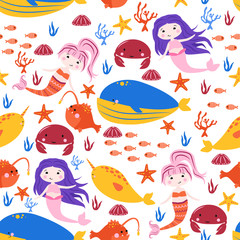 seamless pattern with mermaids and a blue whale - vector illustration, eps