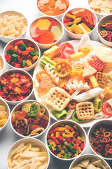 Snack pellets are non-expanded products made with raw materials like cereals, potatoes or vegetable powders, later processed using frying, hot air baking. multicoloured / shaped ready-to-eat snacks