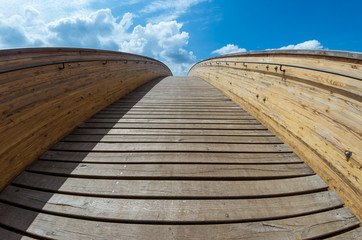 Wooden bridge over river fisheye