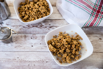 healthy breakfast. bowl with cereals on wooden background with copy space