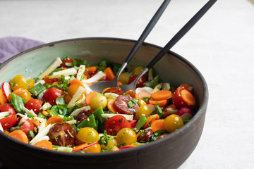 Fennel, flat green beans, cherry tomatoes, radish, carrot, cilantro, parsley, basil, hemp seeds, olive oil, balsamic vinegar salad in pottery dish. Side view, light background, copy space