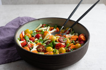 Fennel, flat green beans, cherry tomatoes, radish, carrot, cilantro, parsley, basil, hemp seeds, olive oil, balsamic vinegar salad in pottery dish. Side view, light background
