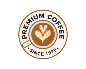 Modern Premium Coffee Cup With Love Symbol Logo Illustration In Isolated White Background