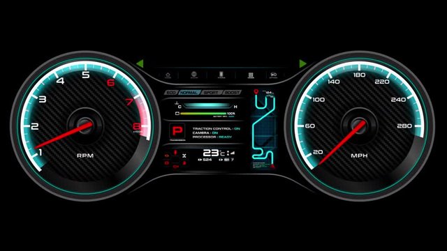 Car dashboard animation speedometer and round per minute meter cyber futuristic design element for transport concept