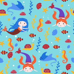 seamless pattern with mermaids and stingray - vector illustration, eps