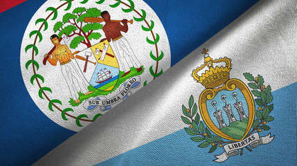 Belize and San Marino two flags textile cloth, fabric texture
