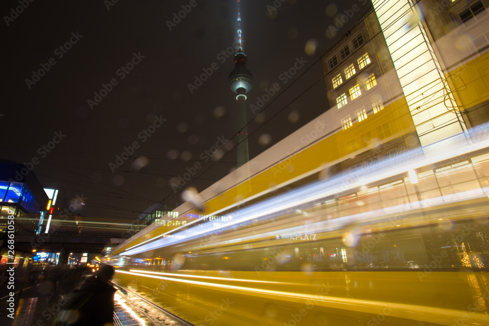 Canvas Prints alexanderplatz city night traffic lights berlin in the rain