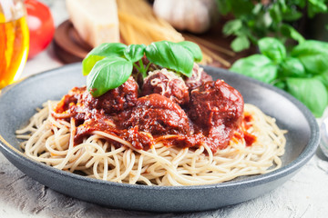 Spaghetti pasta with meatballs and tomato sauce