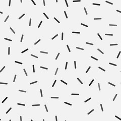 Seamless in black and white donuts glaze pattern with sprinkles. Abstract geometric lines pattern. Memphis style background. Vector illustration.
