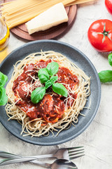 Spaghetti pasta with meatballs and tomato sauce