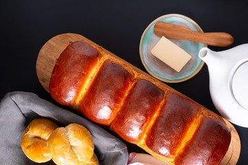 Food bakery concept Fresh baked homemade hokkaido Bread loaf with copy space