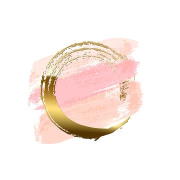 Pastel pink brush strokes with golden brush ring isolated on white background. Vector design element.