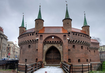 Panoramic view of the Krakow Barbican a fortified outpost - is a historic gateway leading into the Old Town of Krakow, Poland