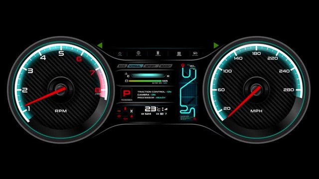 Car dashboard animation speedometer and round per minute meter cyber futuristic design element for transport concept