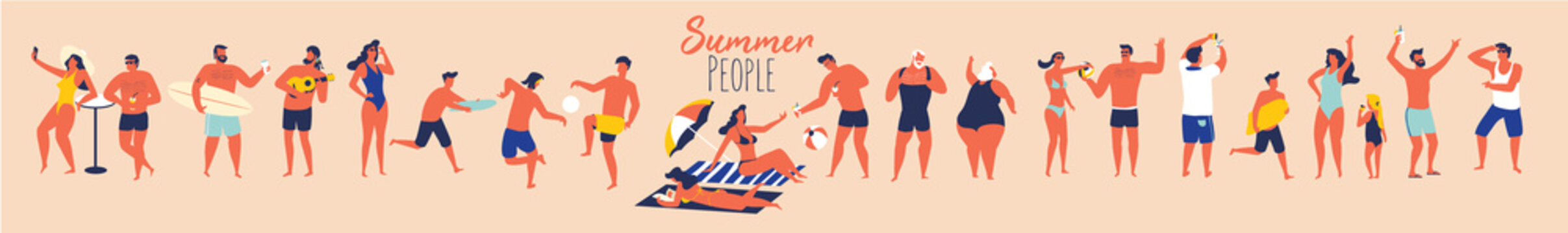 Summer holidays. People in swimming suit in different situations on the beach. Flat design illustration.
