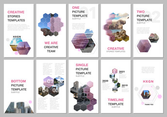 Creative social networks stories design, vertical banner or flyer templates with hexagones and hexagonal shapes on white background. Covers design templates for flyer, leaflet, brochure, presentation
