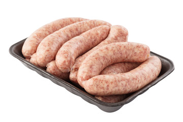 Package of raw beef or pork sausages isolated on white.