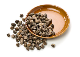 Organic Wingless Moringa (Moringa oleifera) seeds on white background