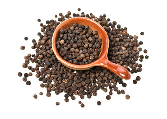 black peppercorns on white background