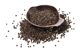 black peppercorns on white background