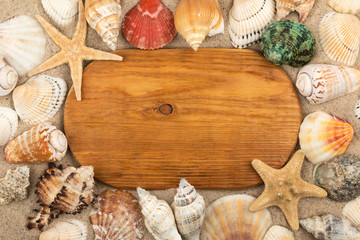 Top view. Oval wooden board lies in the sand among seashells and stars.