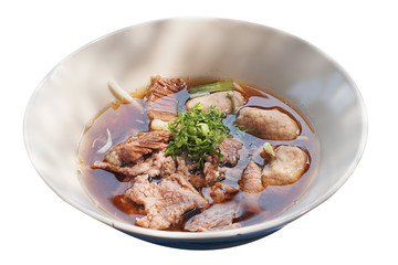Still life of Stewed beef with gravy sauce style chinese food on top noodles, isolated on white background with clipping path for advertising. Shooting in studio, Clean food good taste idea concept.