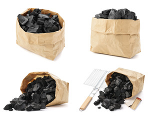 Set of charcoal paper bags shot from different angles. Isolated.