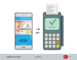 POS Terminal with 50 Turkish Lira Banknote. Flat style vector illustration. Finance concept.